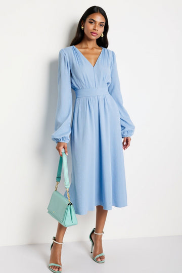 Blue V-Neck A Line Work Dress with Long Sleeves
